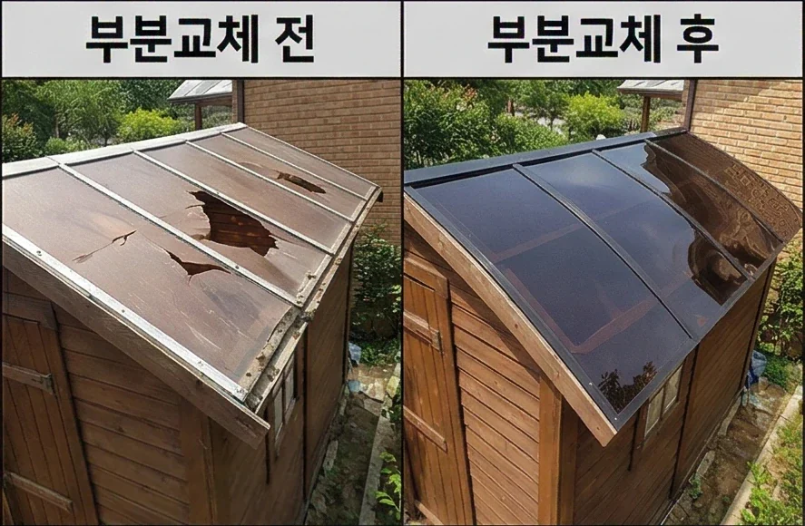 용인 렉산 캐노피 지붕 부분교체 현장 — 메종픽스