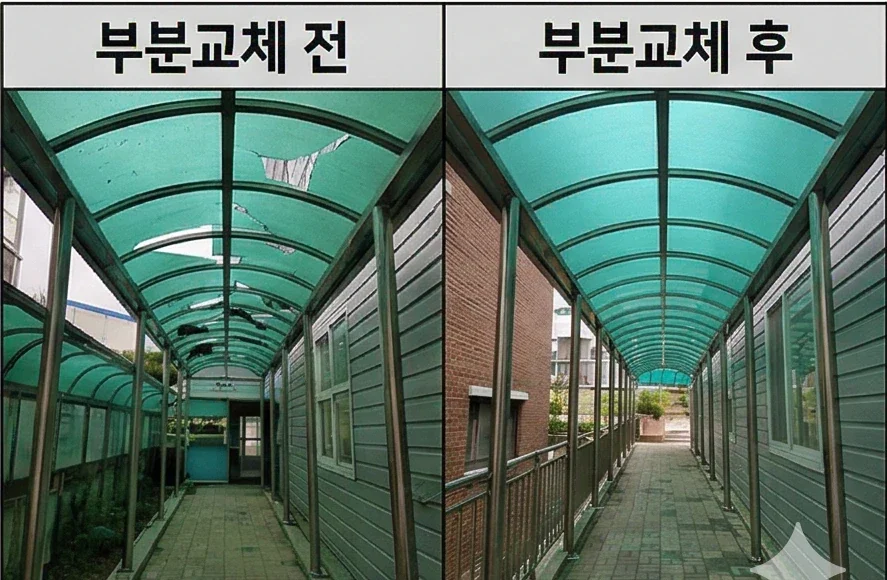 부천 렉산 캐노피 지붕 부분교체 현장 — 메종픽스